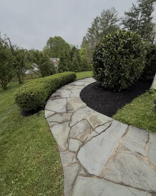 Irregular flagstone path across the lawn